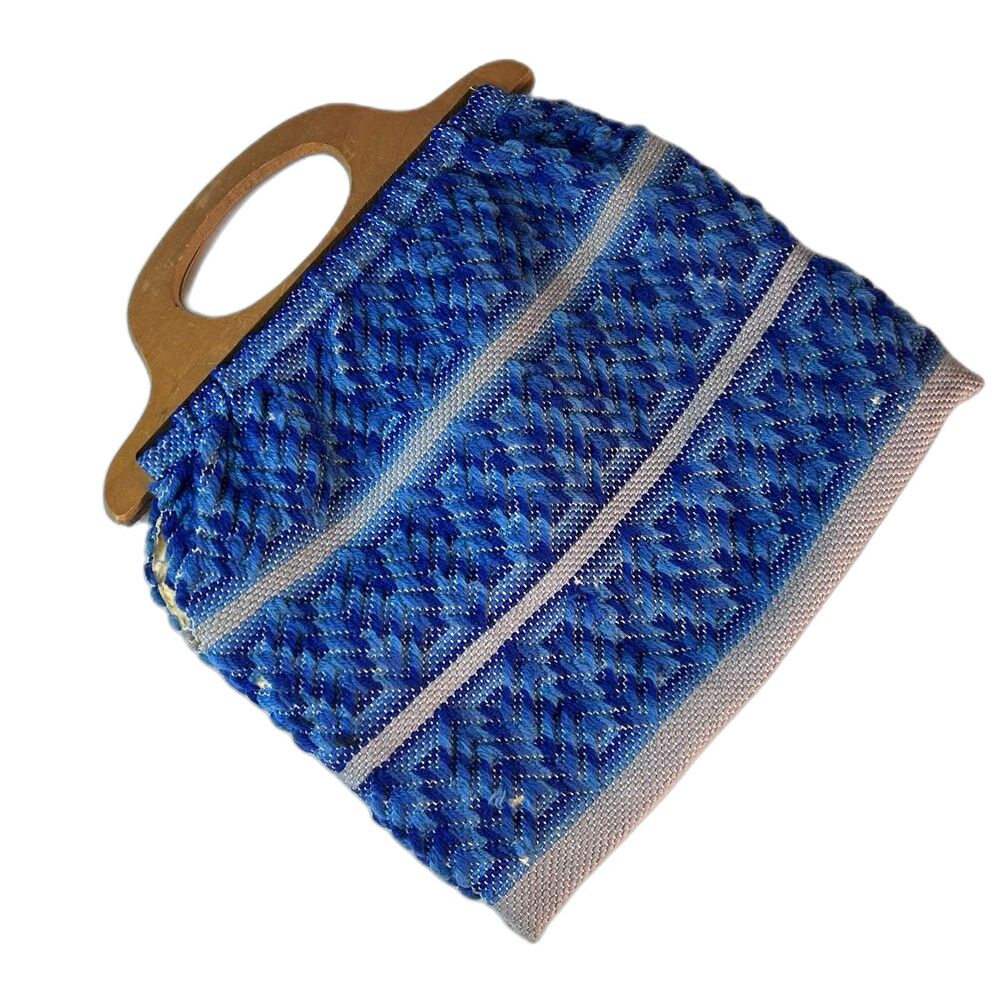 Blue Aztec Chevron Pattern Woven Tapestry Wood Handle Vintage 70s Tote Bag